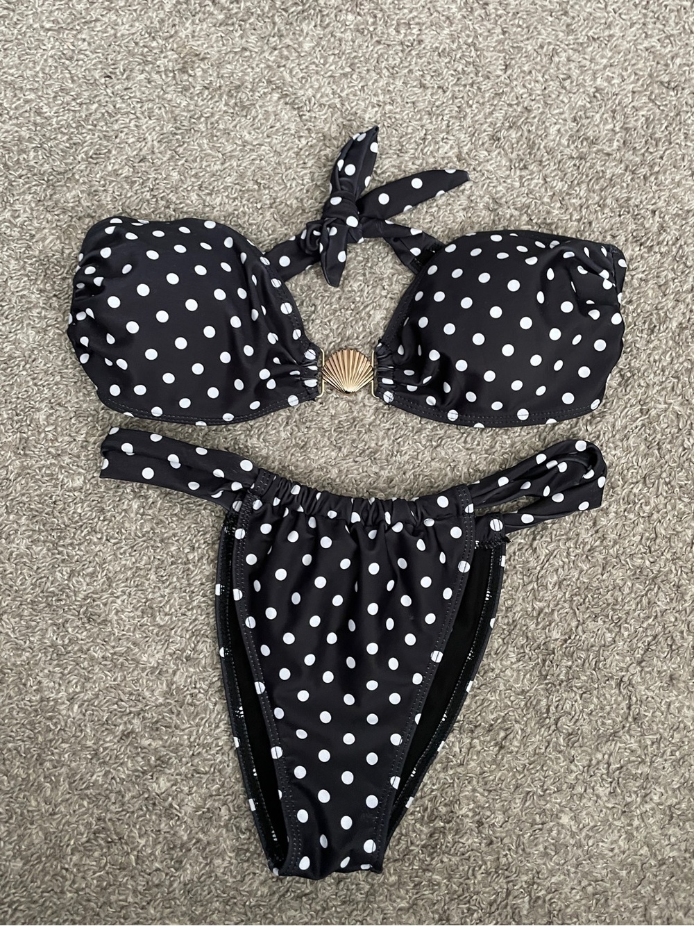 Black white polkadot bandeau swim set - M